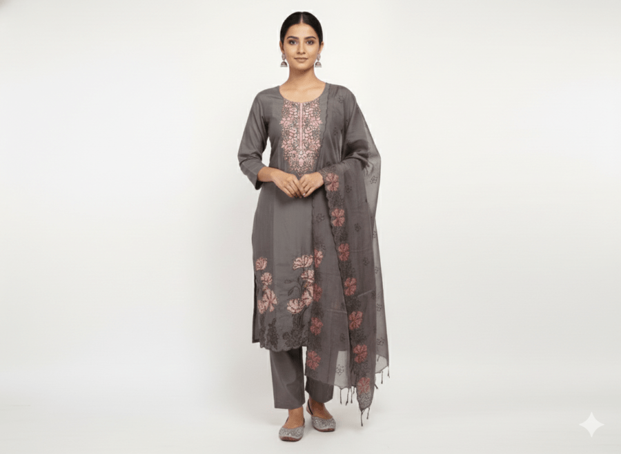Charcoal Grey Straight Kurti Pant Set with Kashmiri Floral Embroidery and Sheer Dupatta