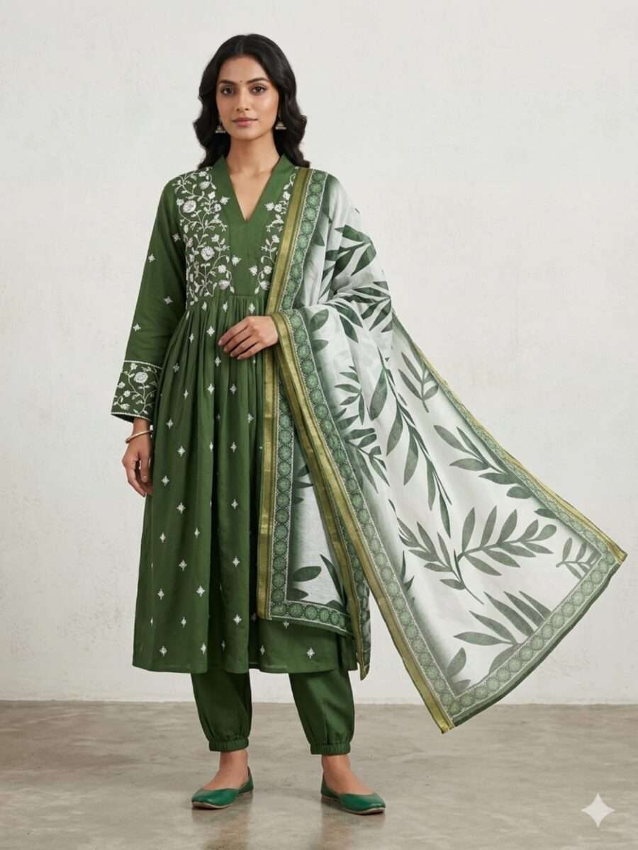 Forest Vine Embroidered Gathered Suit Set
