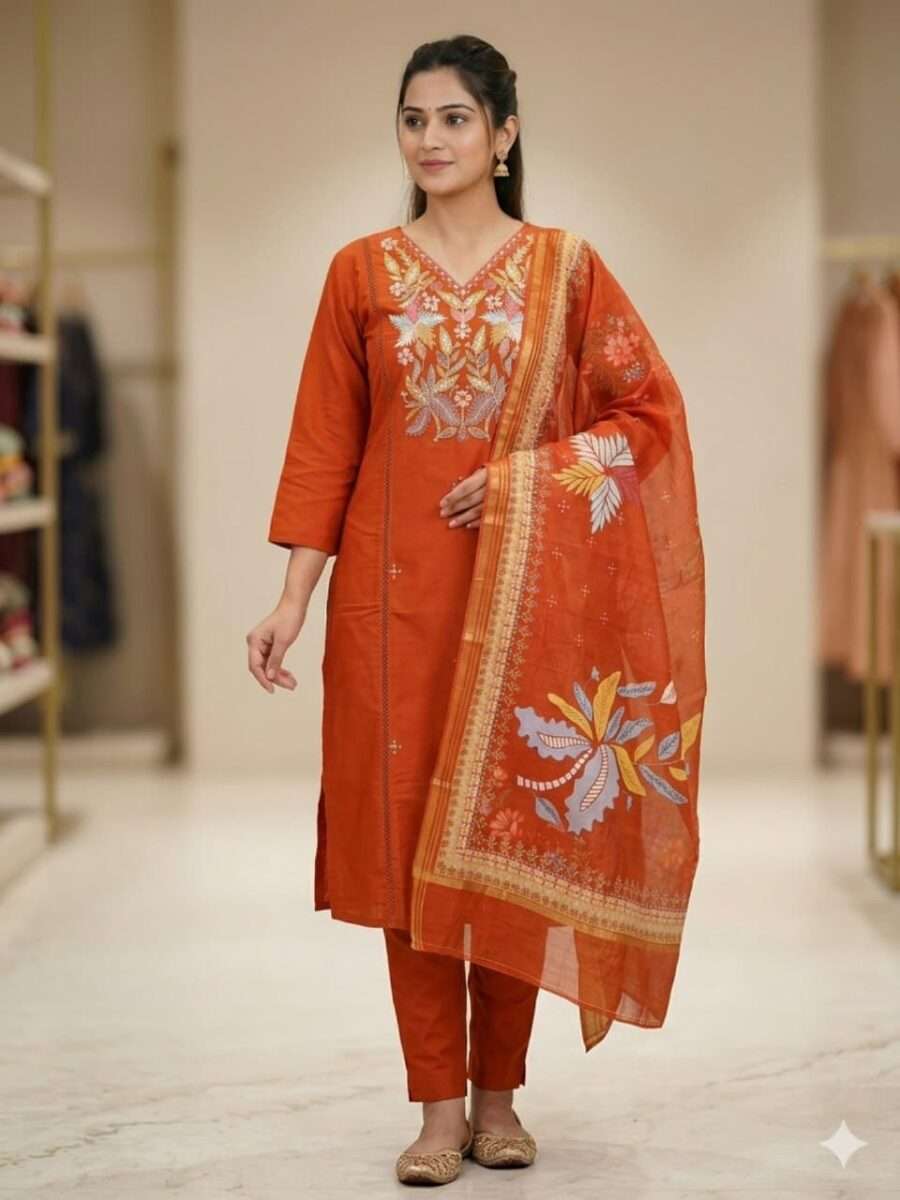 Terracotta Bloom Embroidered Three-Piece Suit