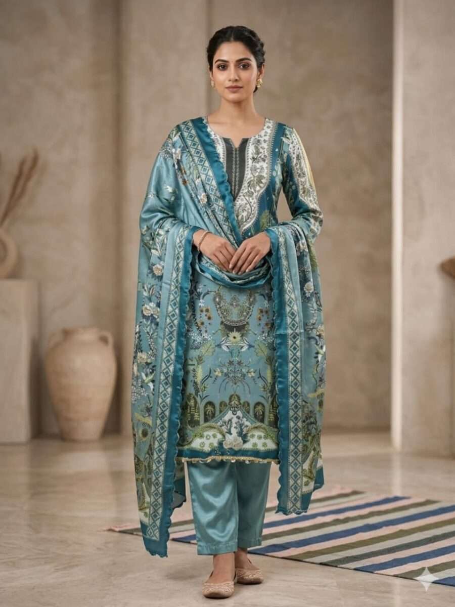 Clothlemon.com Elegant Teal Blue Floral Printed 3-Piece Kurta Suit Set with Dupatta for Women