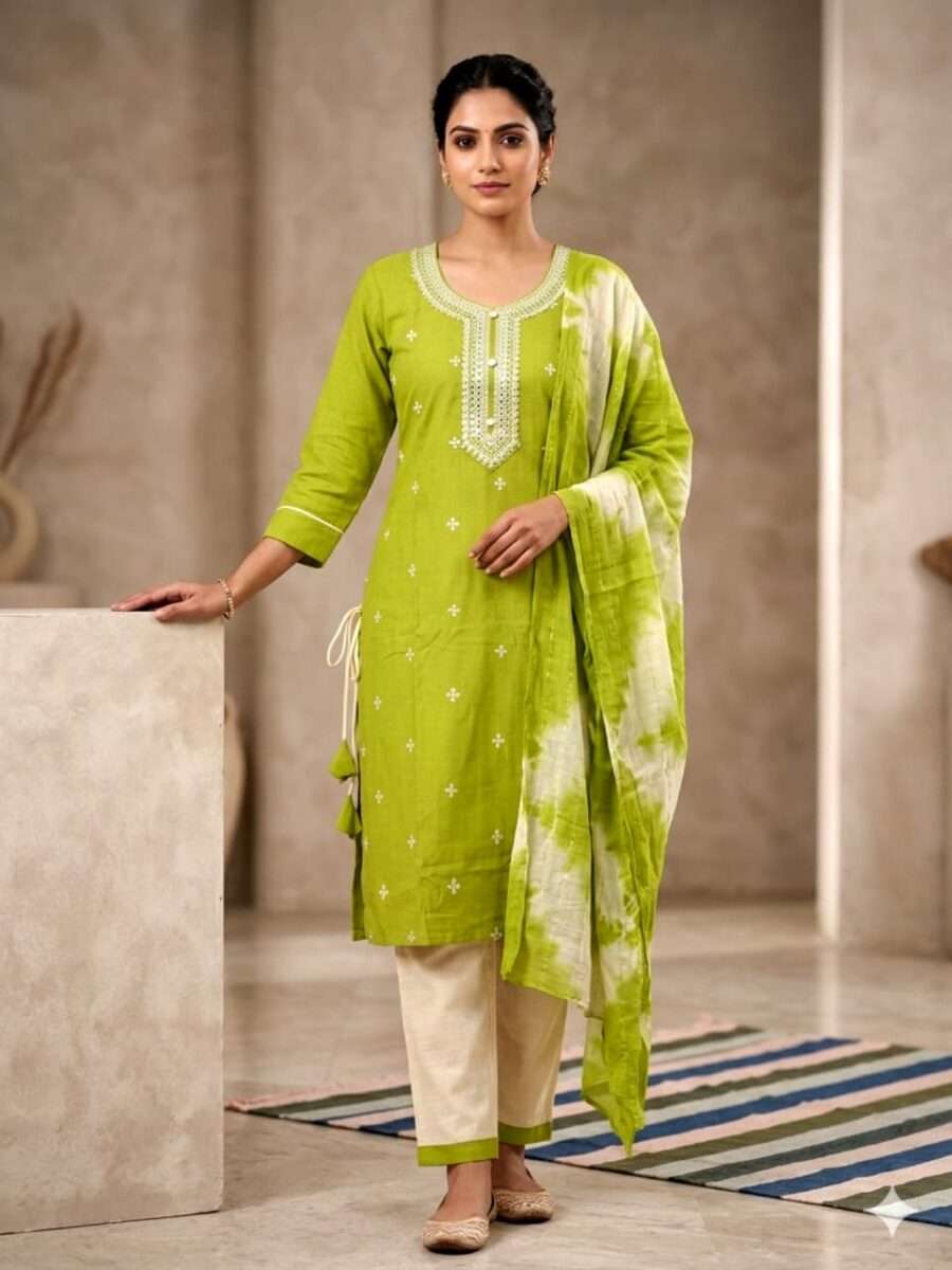 Clothlemon Lime Green Embroidered 3-Piece Kurta Set with Tie-Dye Dupatta for Women