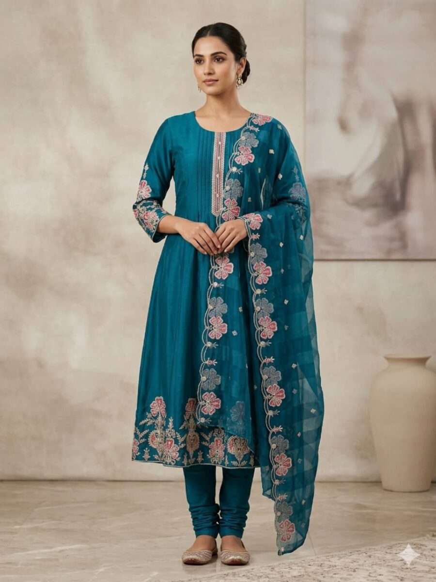Teal Aura Embroidered Anarkali Suit Set