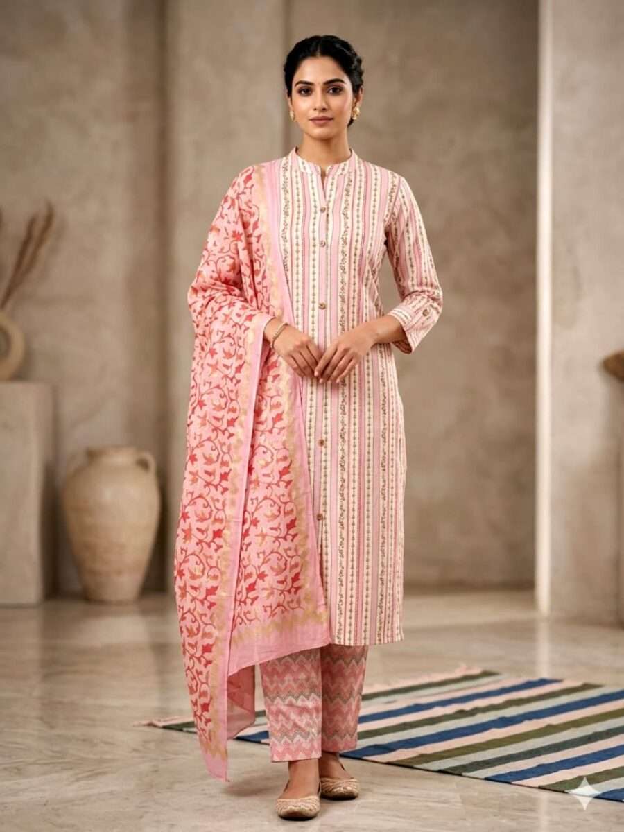 Elegant Light Pink Striped 3-Piece Kurta Pant Set with Floral Dupatta for Women
