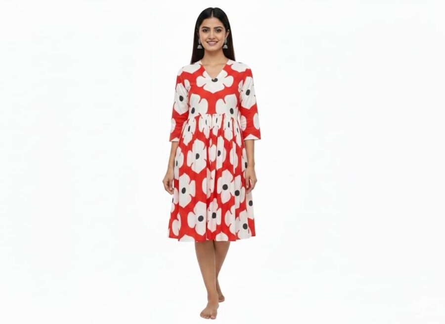 Casual Red Floral Flared Tunic Dress for Women