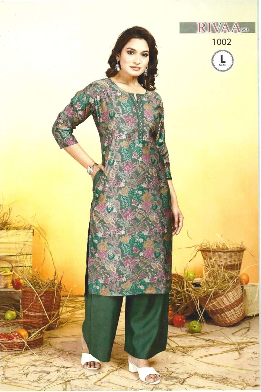 Forest Green Botanical Floral Print Kurti & Palazzo Set with Pocket (2-Piece)